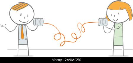Doodle figures bâton communiquant entre elles au moyen de tin can phone Illustration de Vecteur