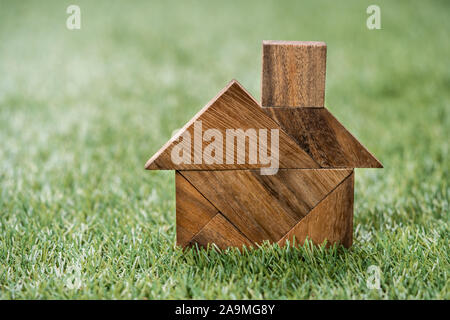 Portrait d'en-tête Tangram Accueil forme sur fond d'herbe verte artificielle Banque D'Images