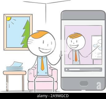 Doodle stick figure : Un homme assis et reposant sur sa maison tout en ayant une conversation vidéo avec son professeur sur son téléphone. Illustration de Vecteur