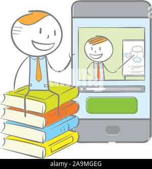 Doodle stick figure : homme assis sur une pile de livre tout en ayant une conversation vidéo avec l'enseignant sur son téléphone Illustration de Vecteur