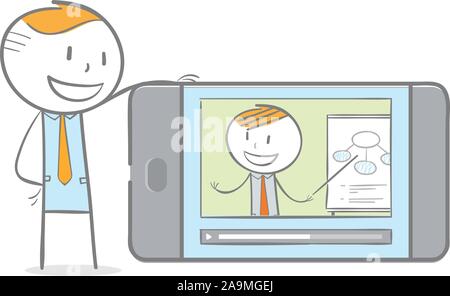 Doodle stick figure : Un homme ayant video chat avec l'enseignant sur son téléphone à l'accueil Illustration de Vecteur