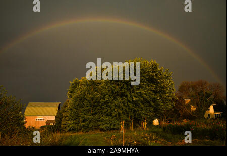 Grand arc-en-ciel sur une ferme dans le pays au cours de l'été, avec un matin soleil et nuages d'orage lointain, In Browntown, Wisconsin, États-Unis Banque D'Images