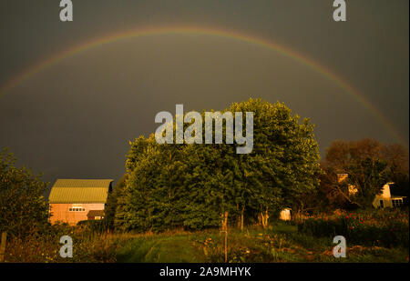 Grand arc-en-ciel sur une ferme dans le pays au cours de l'été, avec un matin soleil et nuages d'orage lointain, In Browntown, Wisconsin, États-Unis Banque D'Images