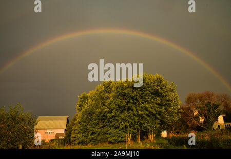 Grand arc-en-ciel sur une ferme dans le pays au cours de l'été, avec un matin soleil et nuages d'orage lointain, In Browntown, Wisconsin, États-Unis Banque D'Images