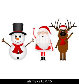 Cartoon funny santa claus, le renne et le Snowman en agitant les mains isolated on white Illustration de Vecteur