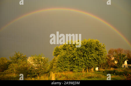 Grand arc-en-ciel sur une ferme dans le pays au cours de l'été, avec un matin soleil et nuages d'orage lointain, In Browntown, Wisconsin, États-Unis Banque D'Images