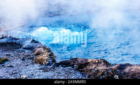 La vapeur provenant de l'eau chaude et eau cristalline de l'eau dans le ressort de Beryl en Geyser Parc National de Yellowstone dans le Wyoming, États-Unis d'Amérique Banque D'Images