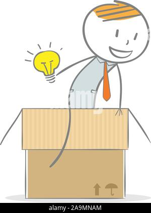 Doodle stick figure : une ampoule symbole idée sortir de la boîte. Illustration de Vecteur