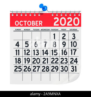 Octobre 2020 Calendrier mural mensuel, 3D Rendering isolé sur fond blanc Banque D'Images