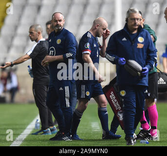 GSP Stadium,Nicosie Chypre.16e Novenmber 2019 Chypre contre l'Ecosse Football UEFA EURO 2020 qualificatif . L'Écosse Manager Steve Clarke regarde le capitaine Steven Naismith s'éteint blessé contre Chypre. Banque D'Images