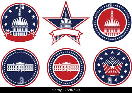 Patriotique américain rouge, blanc et bleu, Capital, Maison Blanche et Pentagone isolés Logos Vector Illustration Illustration de Vecteur