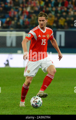 Saint-pétersbourg, Russie. 16 Nov, 2019. La Russie, Saint-Pétersbourg, 16 novembre 2019. Joueur de l'équipe nationale russe Alexei Miranchuk dans la qualification du Championnat d'Europe de Football 2020 entre les équipes nationales de la Russie et la Belgique. Credit : Andreï Pronin/ZUMA/Alamy Fil Live News Banque D'Images