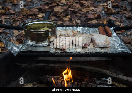 Côtelettes de porc grillées et des hot-dogs avec haricots verts au-dessus de feu de camp. Détente et de préparer les aliments à l'extérieur. La détente et les loisirs. Banque D'Images