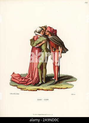 Femme embrassant un jeune homme derrière le dos de son mari. La mode allemande de la fin du xve siècle. À partir d'une illustration couleur par un maître allemand à Berlin, Kupferstichkabinett Salle d'impression. Chromolithographie de Hefner-Alteneck les costumes, Œuvres et appareils du Moyen-Âge au 17ème siècle, Francfort, 1889. Illustration par le Dr Jakob Heinrich von Hefner-Alteneck, lithographiée par C. Regnier. Le Dr Hefner-Alteneck (1811 - 1903), était un conservateur de musée, archéologue, historien de l'art, illustrateur et graveur. Banque D'Images