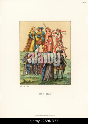 La mode allemande de la fin du xve siècle à partir de Matthaus Schwarz's Book de vêtements, Trachtenbuch. Chromolithographie de Hefner-Alteneck les costumes, Œuvres et appareils du Moyen-Âge au 17ème siècle, Francfort, 1889. Illustration par le Dr Jakob Heinrich von Hefner-Alteneck, lithographiée par C. Regnier. Le Dr Hefner-Alteneck (1811 - 1903), était un conservateur de musée, archéologue, historien de l'art, illustrateur et graveur. Banque D'Images