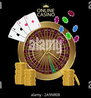 Bannière de casino en ligne avec des pièces d'or sur fond noir. Illustration de Vecteur