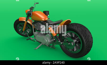 Vélo avec chrome, moteur de l'orange-jaune moto futuriste isolé sur fond vert, 3D Rendering Banque D'Images