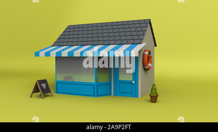SURF N' PORTER'S Beach shop 3d illustration rendre chambre étage immeuble moderne isoler sur fond jaune Banque D'Images