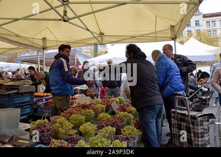 Les acheteurs de l'examen et de la sélection des fruits et légumes au marché du Midi, open air dimanche marché en dehors de la gare Bruxelles Midi Banque D'Images