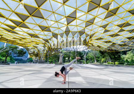 Une femme pratiquant le yoga au jardin botanique Perdana de Kuala Lumpur. Méditation et exercice d'équilibre dans un beau parc de loisirs. Banque D'Images