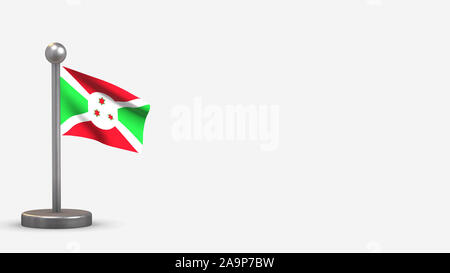 Burundi Waving Flag 3D illustration sur un petit mât métallique. Isolé sur fond blanc avec l'espace sur le côté droit. Banque D'Images