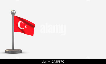 La Turquie Waving Flag 3D illustration sur un petit mât métallique. Isolé sur fond blanc avec l'espace sur le côté droit. Banque D'Images