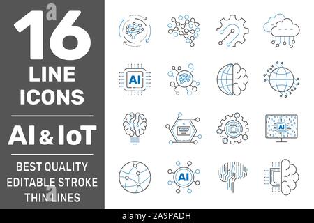 AI, IIot, IOT, cloud computing, informatique cognitive 4.0 Industrie icons set. Les systèmes physiques Cyber concept de 4.0 l'industrie et de l'IA. Course modifiable Illustration de Vecteur