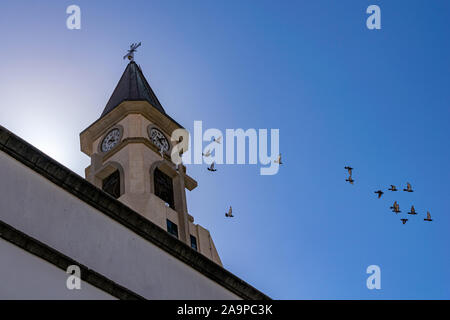 Les pigeons voler autour de la tour de l'horloge de l'Ermita de Nuestra Senora de Bonanza, l'Église El Paso, La Palma, Canary Islands, Espagne Septembre 2018 Banque D'Images