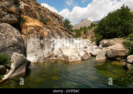 La rivière de montagne paysage de la rivière Golo au pont Pension à Albertacce, Haute-Corse, Corse France Europe - paysage de la rivière de montagne Banque D'Images