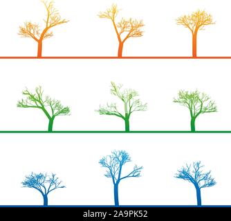 Mystical les arbres pousser. Divers formulaire, stylisation linéaire abstrait coloré, vector illustration. Forêt, Parc, jardin, plantation d'arbres, les troncs, les bateaux Illustration de Vecteur