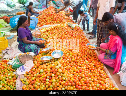 Femme vendant des tomates au marché du dimanche de Tiruchirappalli, Tamil Nadu, Inde Banque D'Images