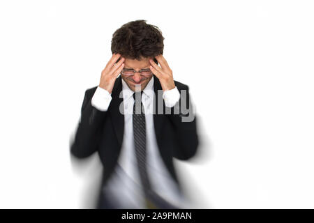 A souligné l'homme d'affaires isolé sur fond blanc. Homme avec costume et cravate. Concept de stress dans les affaires du monde de l'économie Banque D'Images