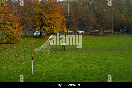 Brighton UK 17 novembre 2019 - Le gardien de Castle Club watches jouer comme ils prennent sur Broadwater dans un match de football amateur local sur fond de couleurs d'automne sur un jour froid et sec à Patcham à la périphérie de Brighton. D'autres parties de la Grande-Bretagne connaît encore humide avec plus de pluie prévue pour les prochains jours . Crédit : Simon Dack / Alamy Live News Banque D'Images