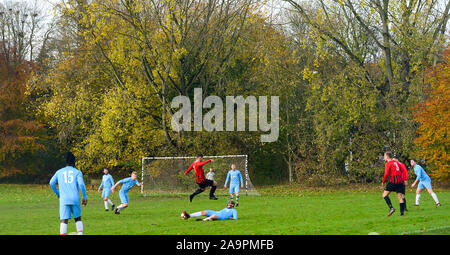 Brighton UK 17 novembre 2019 - Le Château Club (en bleu) prendre sur Broadwater (rouge) dans un match de football amateur local sur fond de couleurs d'automne sur un jour froid et sec à Patcham à la périphérie de Brighton. D'autres parties de la Grande-Bretagne connaît encore humide avec plus de pluie prévue pour les prochains jours . Crédit : Simon Dack / Alamy Live News Banque D'Images