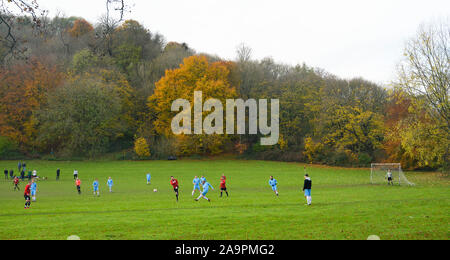 Brighton UK 17 novembre 2019 - Le Château Club (en bleu) prendre sur Broadwater (rouge) dans un match de football amateur local sur fond de couleurs d'automne sur un jour froid et sec à Patcham à la périphérie de Brighton. D'autres parties de la Grande-Bretagne connaît encore humide avec plus de pluie prévue pour les prochains jours . Crédit : Simon Dack / Alamy Live News Banque D'Images