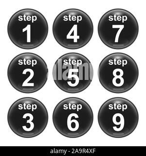 Un ensemble d'icônes web brillant l'étape 1 à 9 Banque D'Images