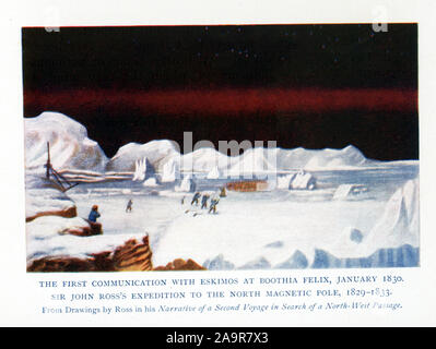 Cette illustration dates pour 1912. John Ross's ship victoire dans la glace arctique dans Felix Harbour. John Ross et son neveu James Clark Ross enduré quatre hivers emprisonné dans les glaces de l'Arctique sur une expédition pour trouver le fameux Passage du Nord-Ouest. Leur premier hiver a été dépensé à Felix Harbour sur la pointe est de Boothia Felix (maintenant connue sous le nom de la péninsule de Booth). John Ross a été fait chevalier en 1834 après son retour en Angleterre. Le sous-titre suivant : la première communication avec les Esquimaux à Felix Booth, janvier 1830. L'expédition de Sir John Ross du pôle Nord magnétique, 1829-1833. À partir de dessins de Ross Banque D'Images