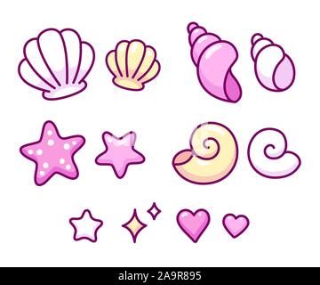 Cute cartoon seashell doodle icon set. Les coquillages à la main, conques, cockleshells et d'étoiles. Vector clip art illustration isolé. Illustration de Vecteur