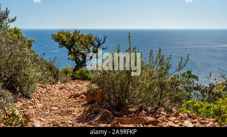 Cap roux sentier de randonnée dans les roches rouges de l'Estérel avec la mer bleue de la Méditerranée Banque D'Images