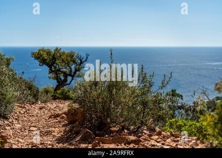 Cap roux sentier de randonnée dans les roches rouges de l'Estérel avec la mer bleue de la Méditerranée Banque D'Images