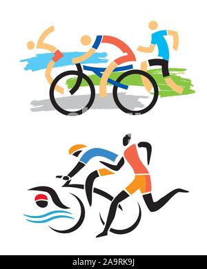 Les coureurs de triathlon, coureuse cycliste, nageur, icône. Deux dessins stylisés de trois athlètes de triathlon. Isolé sur fond blanc. Vector disponible Illustration de Vecteur