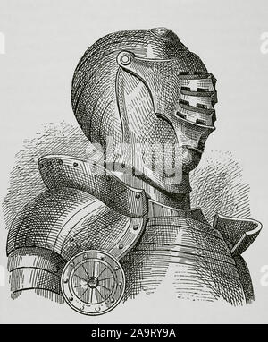 Le casque de chevalier médiéval avec pare-soleil. La gravure. Museo Militar, 1883. Banque D'Images