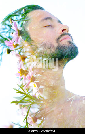 L'exposition double portrait d'un homme séduisant combiné avec les plantes, créé avec un concept écologique Banque D'Images