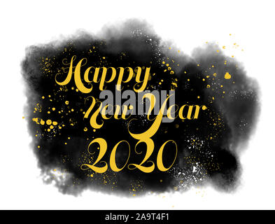 Bonne Année 2020 écrit en lettres d'or sur noir élégant peint à l'aquarelle et isolé de bruit avec l'or et l'étoile blanche des éclaboussures sur blanc retour Banque D'Images