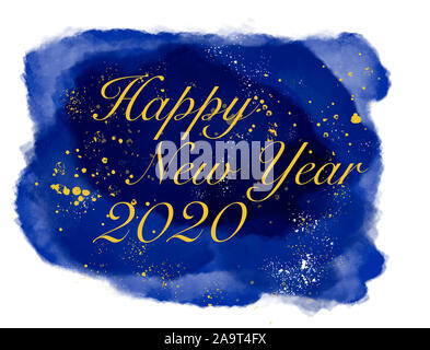 Bonne Année 2020 écrit en lettres d'or sur l'élégant bleu foncé peint à l'aquarelle et isolé de bruit avec l'or et l'étoile blanche des éclaboussures sur blanc Banque D'Images