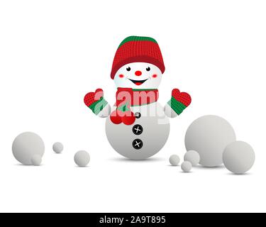 Cartoon bonhomme rouge-vert dans un chapeau et des mitaines en tricot. Arrière-plan blanc, isolé. Vector illustration. Illustration de Vecteur