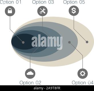 Cinq d'ovales qui se chevauchent infographic template pour l'affichage de cinq options, choix, étapes. Cela peut aussi être utilisé pour le graphique, présentation graphique, rond Illustration de Vecteur