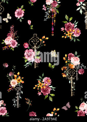 Motif florale avec des clés et des fleurs. Illustration aquarelle peinte à la main sur fond noir. Banque D'Images