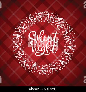 Douce nuit part lettrage. Carte de vœux de Noël, invitation. Couronne de gui, de la neige et des étoiles. Plus de texte blanc, rouge à carreaux tartan plaid Illustration de Vecteur