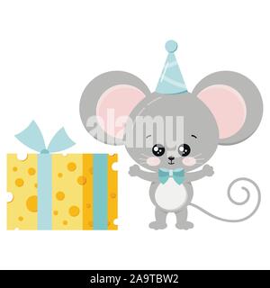 Souris mignon dans anniversaire cap et Bow tie et attaché avec un ruban cheese vector illustration isolé sur fond blanc. Illustration de Vecteur